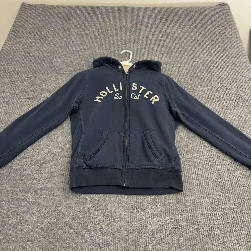 Hollister Hoodie Mens M Navy Blue Cotton Polyester Sherpa Lined Zip Up Casual